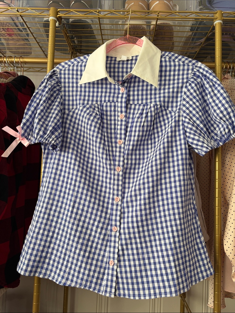 Rockabilly Blue Cross Gingham Short-Sleeve Top with White Collar